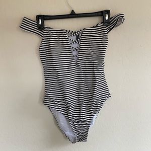 Striped off the shoulder one piece